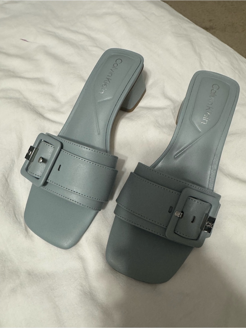 Calvin Klein Light Blue Buckle Slide Mules